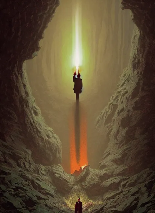 Prompt: Twin Peaks poster artwork by Michael Whelan and Tomer Hanuka, Rendering of a lone warrior holding a torch in front of a dark scary cave, full of details, by Makoto Shinkai and thomas kinkade, Matte painting, trending on artstation and unreal engine