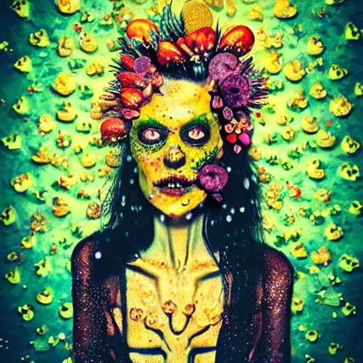 Prompt: cartoonish portrait of a punk rock zombie turning into flowers fruit and mushrooms, botanical background, covered in crystals and glitter, atmospheric lighting, sculptural, highly intricate detail