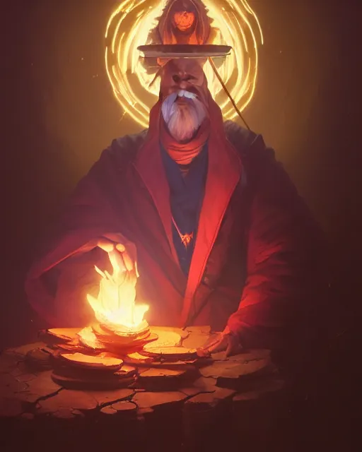 Prompt: highly detailed vfx portrait of an old mage casting a fire spell, unreal engine, greg rutkowski, loish, rhads, beeple, makoto shinkai and lois van baarle, ilya kuvshinov, rossdraws, tom bagshaw, alphonse mucha, global illumination, detailed and intricate environment