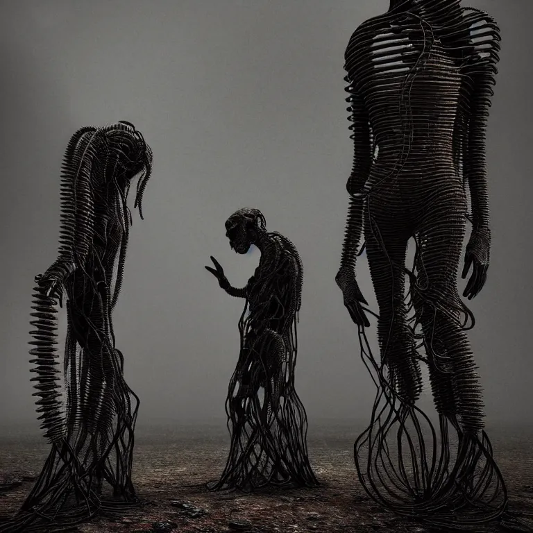 Prompt: portrait of abandoned ribbed sculpture of two kissing cyborgs, covered with wires, spines, roots, ash, mold, baroque painting, standing in a desolate empty wasteland, creepy, nightmare, dream-like heavy atmosphere, dark fog, surreal abandoned buildings, baroque painting, beautiful detailed intricate insanely detailed octane render trending on Artstation, 8K artistic photography, photorealistic, volumetric cinematic light, chiaroscuro, zoomed out, Raphael, Caravaggio, Beksinski, Giger