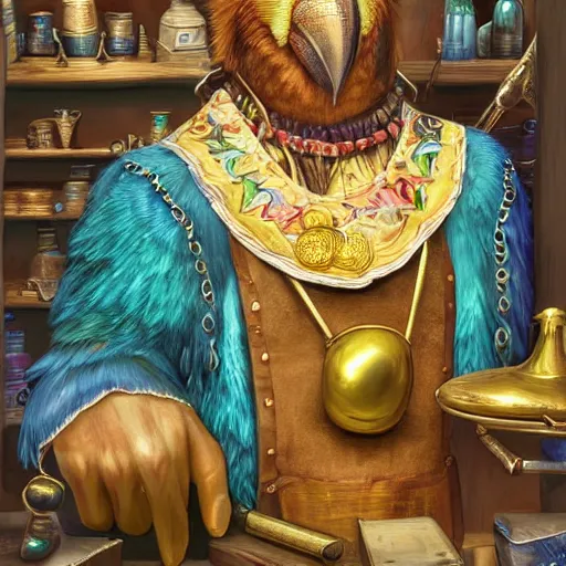 Prompt: Anthropomorphized parrot trader in his shop, selling his wares, portrait, items, magic potions, carpet, window, sly expression , cunning expression, cute expression, blue eyes, long thick shiny gold beak, presenting wares, holding a gold bag, D&D, fantasy, cinematic lighting, highly detailed, digital painting, artstation, concept art, smooth, sharp focus, illustration, warm light, cozy warm tint, magic the gathering artwork, volumetric lighting, 8k, art by Akihiko Yoshida, Greg Rutkowski