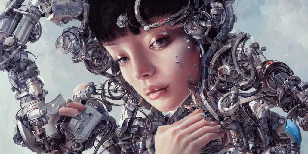 Image similar to hyperrealistic photography of a gorgeous female cyborg scientist constructing an eating machine in the style of jin kagetsu, james jean and wlop, highly detailed, masterpiece, award - winning, sharp focus, intricate concept art, ambient lighting, 8 k, artstation