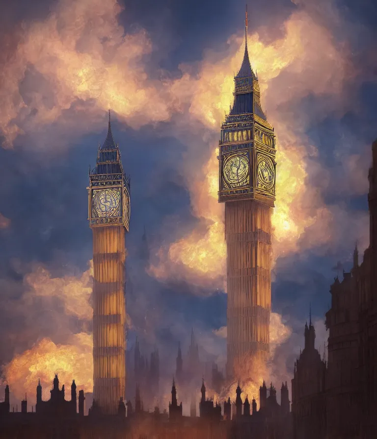 Image similar to a beautiful hyperrealistic detailed 3D render of big ben burning, by Anton Otto Fischer, Atey Ghailan, genzoman, unreal engine, octane render, gigantic, 3D, brilliantly coloured, intricate, ultra wide angle, trending on artstation, embers, smoke, dust, dusk, volumetric lighting, HDR, polished, micro details, ray tracing, 8k