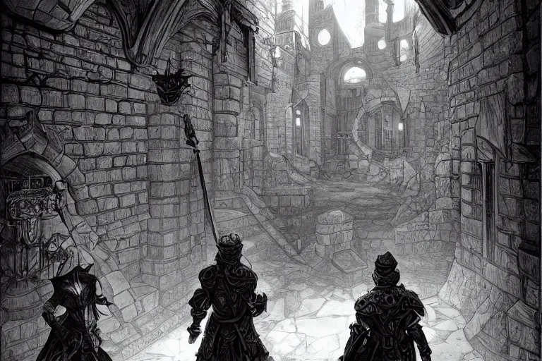 Prompt: black and white one point perspective apothecary dungeon rpg fantasy dungeon hall view by artgerm and Craig Mullins, James Jean, Andrey Ryabovichev, Mark Simonetti and Peter Morbacher 16k