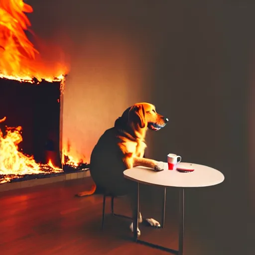 Image similar to a photograph of an humanlike relaxed dog in his house, sitting at a table, ☕ on the table, room is on fire, surrounded by flames, a lot of flames, smoke under the ceiling