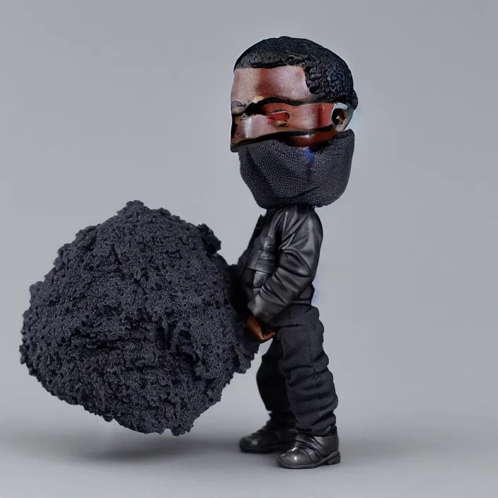 Image similar to a hot toys figure of kanye west using a black face - covering mask made of cloth with small holes, a blue puff undersized round jacket, a black shirt underneath and black rubber boots, figurine, detailed product photo