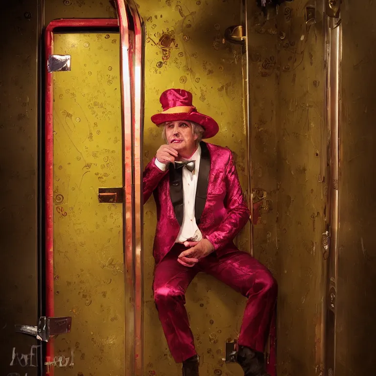 Image similar to professional octane render portrait by wayne barlow and carlo crivelli and glenn fabry, a flamboyant man in a bright colorful saturated wes anderson elevator operator costume inside a dark and moody vintage elevator in a high - end exotic vintage boutique hotel, very short depth of field, bokeh, gears of war