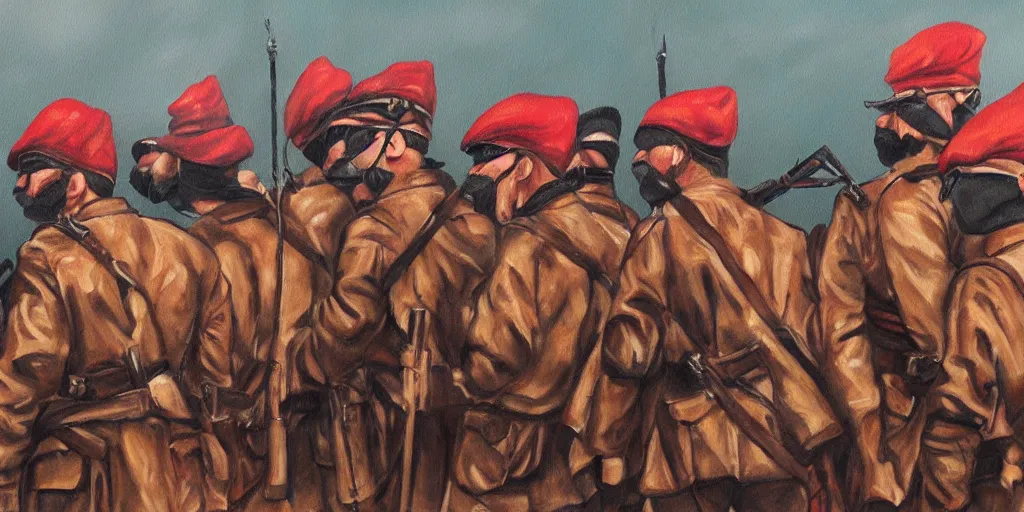 Image similar to detailed painting of blindfolded soldiers