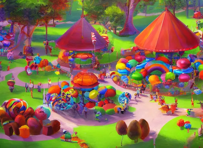 Image similar to candy zoo park for a game candy themed, top angle, oil painting by jama jurabaev, extremely detailed, brush hard, artstation, for aaa game, high quality, brush stroke