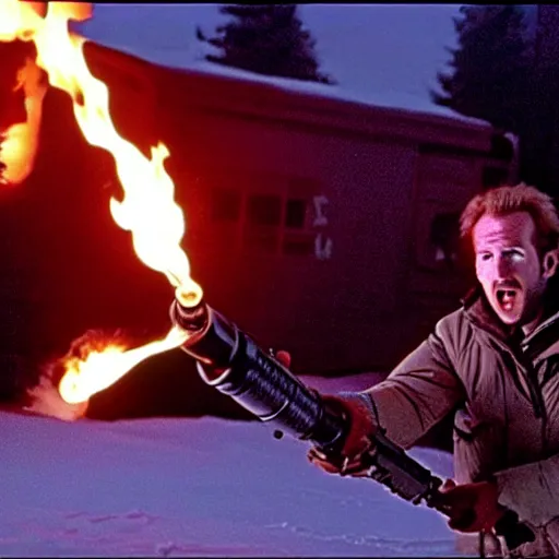 Prompt: movie still of harry kane with a flamethrower in the thing (1982), john carpenter, cinematic,