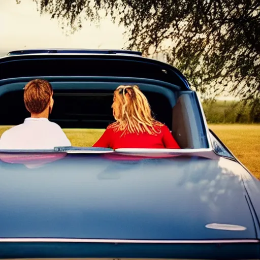 Prompt: a couple sits in a car at a drive - in movie