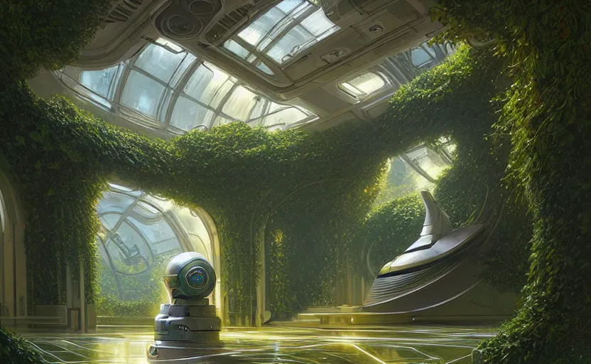 Prompt: Futuristic Robotic Neoclassical Space station overgrown with ivy, sci-fi, highly detailed, digital painting, artstation, concept art, smooth, sharp focus, illustration, art by artgerm and greg rutkowski and alphonse mucha
