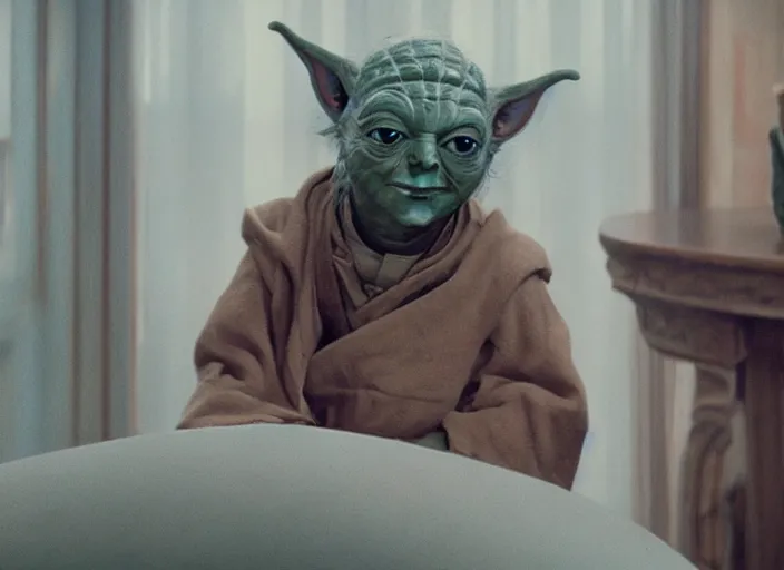 Image similar to a film still of cosplay of yoda in the grand budapest hotel ( 2 0 1 4 ), 4 k