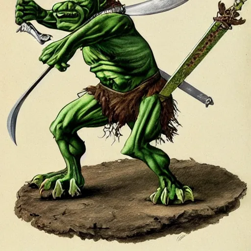 Image similar to dog - faced muscular goblin, ugly face, lizard tail, holding scimitar made of bone, scimitar, sword, jagged sword, curved sword, orkish sword, colorized, green skin, hyper - detailed, primeval fantasy, prehistoric fantasy, drawn by frank frazetta