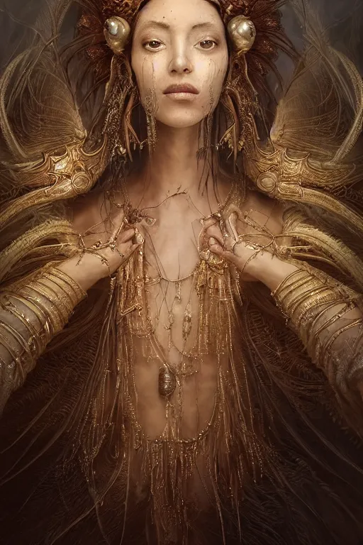 Image similar to a beautiful detailed cgi matte painting female tanned skinned empress of light, by ellen jewett, tomasz alen kopera and justin gerard | symmetrical, native american, solemn, realism, intricate, ornate, royally decorated, halo, gilding, gilded, whirling smoke, particles, gold adornments, white splendid fabric, radiant colors