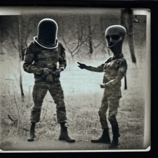 Image similar to old polaroid depicting a handshake between a us military general and a grey alien, at a clearing, at dusk