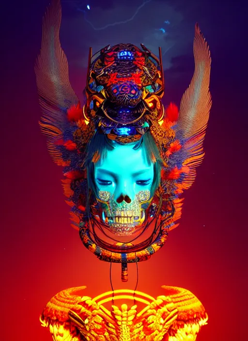 Prompt: a wlop 3 d render of goddess, 8 k micro details beautiful intricate highly detailed quetzalcoatl skull and feathers. bioluminescent, fire, snow, thunderstorm! artwork by tooth wu and wlop and beeple and greg rutkowski, trending on artstation,