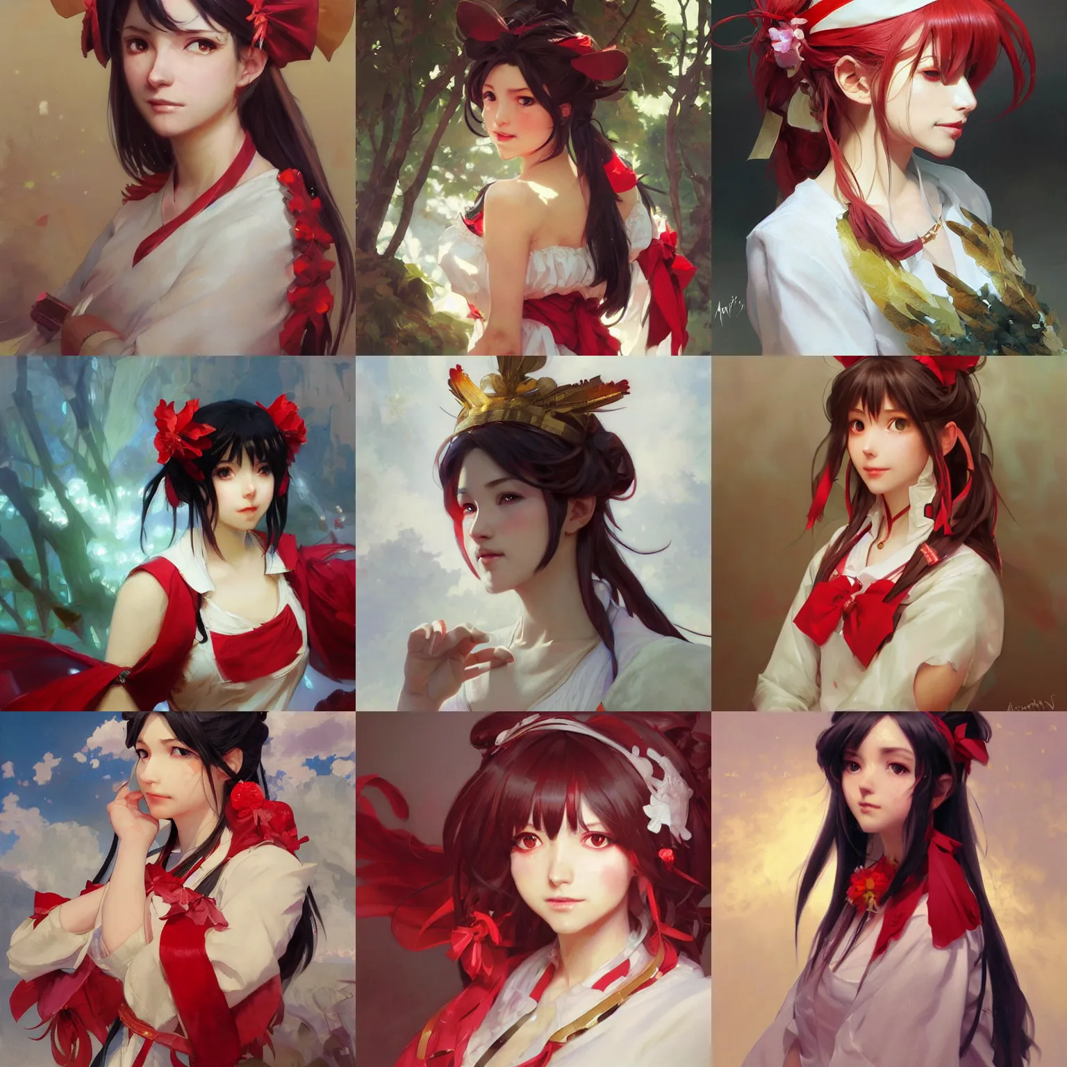 Prompt: a portrait painting of reimu hakurei, by artgerm, by greg rutkowski, by ruan jia, by krenz cushart, by wlop, by alphonse mucha, marble, gold, unreal engine 5