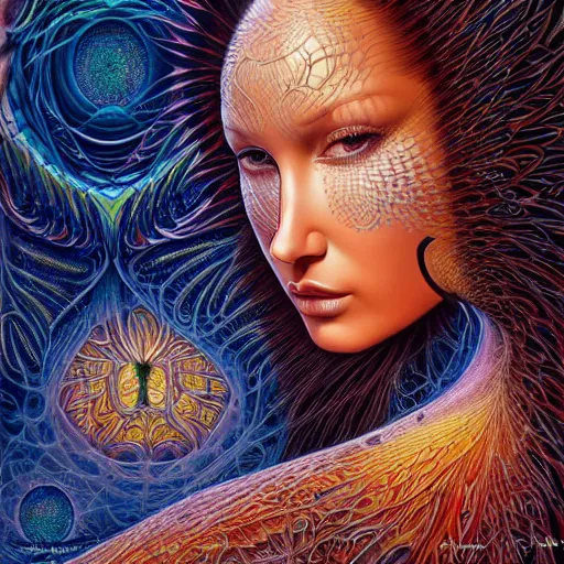 Prompt: Bella Hadid by Alex Grey and Karol Bak