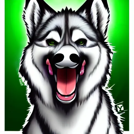 Image similar to furry anthro husky with scene - style hair, the hair has green highlights, style of milesdf, stylized, drawn