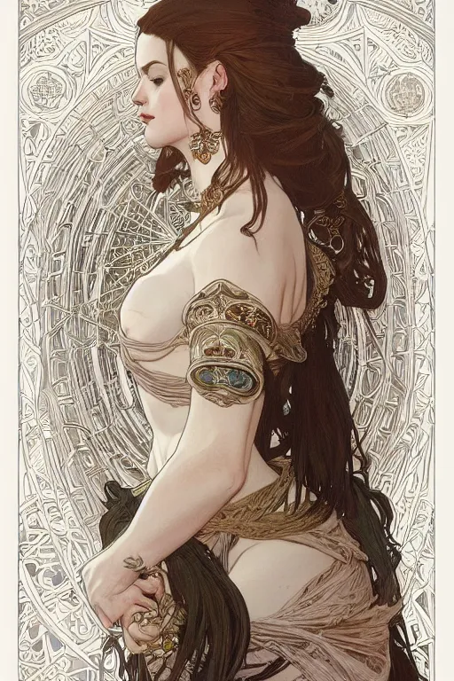 Prompt: high priestess, intricate, elegant, highly detailed, concept art, sharp focus, beautiful face!!, digital art, smooth defined outlines!!, by Brom, trending on Artstation, Alphonse Mucha
