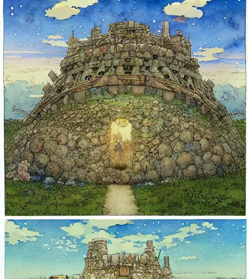 Image similar to hyperrealist studio ghibli watercolor fantasy concept art of an immense earthship solar home from howl's moving castle sitting on stonehenge like a stool. it is a misty starry night. by rebecca guay, michael kaluta, charles vess