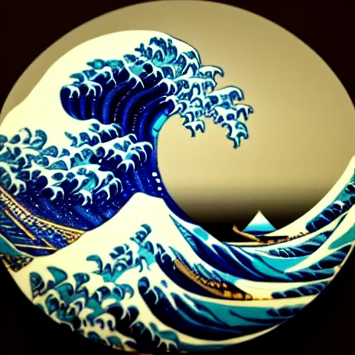 Image similar to a photo of a circular marble statue of The Great Wave off Kanagawa, in a museum, 3D, sculpture