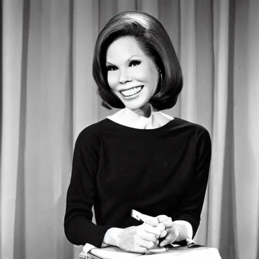 Image similar to A photo of Mary Tyler moore in 1963. She is looking at the camera with a slight smile. Full shot camera angle