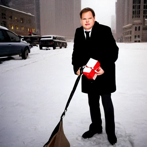 Prompt: 1 9 9 8 andy richter wearing a black wool coat and necktie standing on the streets of chicago at night in winter, holding shopping bags gifts, dynamic lighting, holiday season.