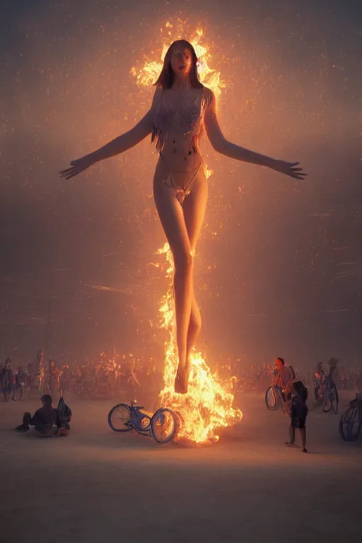 Image similar to a photo of a girl a burning man festival, powerful, cinematic, beautifully lit, by artgerm, by craig mullins, by galan pang, 3 d, trending on artstation, octane render, 8 k