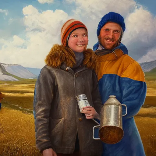 Image similar to a highly detailed painting of a young couple holding a tin can, remote icelandic village, blonde hair, trending on artstation,