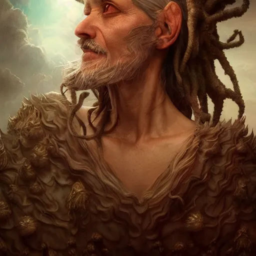 Prompt: by artgerm and agostino arrivabene, visually stunning, cinematic, ultra realistic, hyper realism, epic, octane render, unreal engine, vfx, a old druid preparing potion, fungal enchanter, murloc tinyfin, dread infernal, wee whelp, battle ram