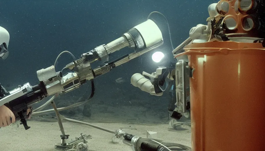 Image similar to Big budget horror movie, in an undersea lab, a squid fires a minigun at a cyborg