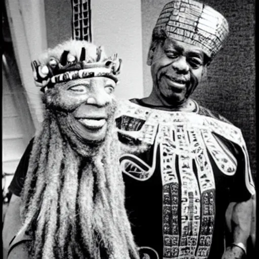 Prompt: sun ra shaking hands with a giant humanoid hairy spider