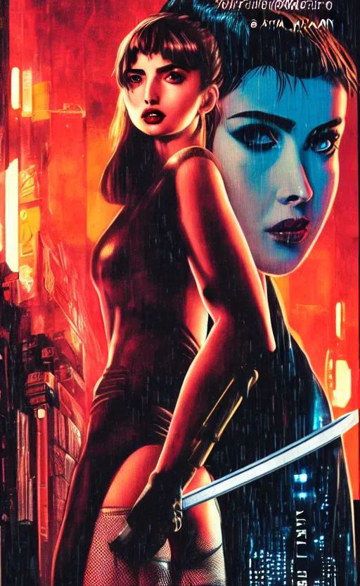 Image similar to ana de armas bladerunner hologram, crouching, katana, knife, dawn mcteigue, mirka andolfo, comic book, paperback cover, brian pulido, zenescope