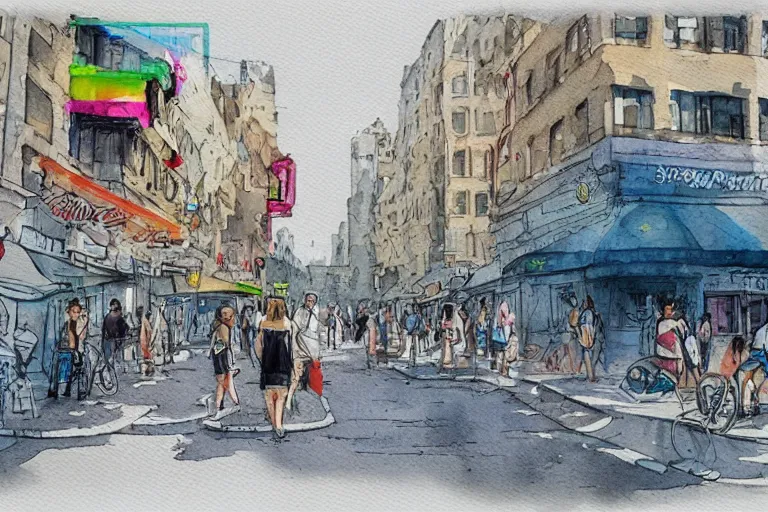 Image similar to street summer watercolor pen trending on artstation