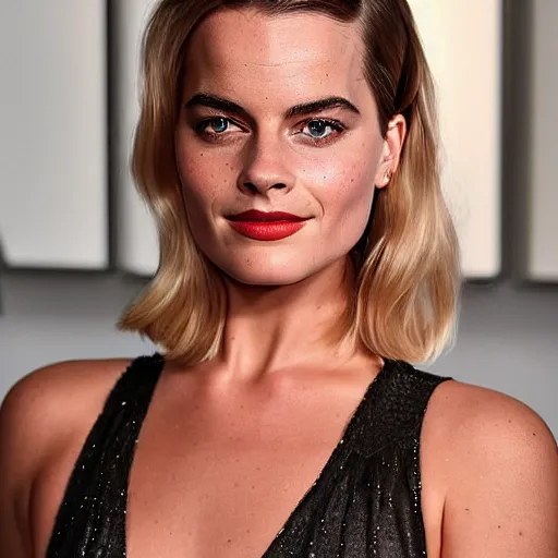 Image similar to a woman who is a genetic combination of margot robbie and emma watson face and upper - body focus