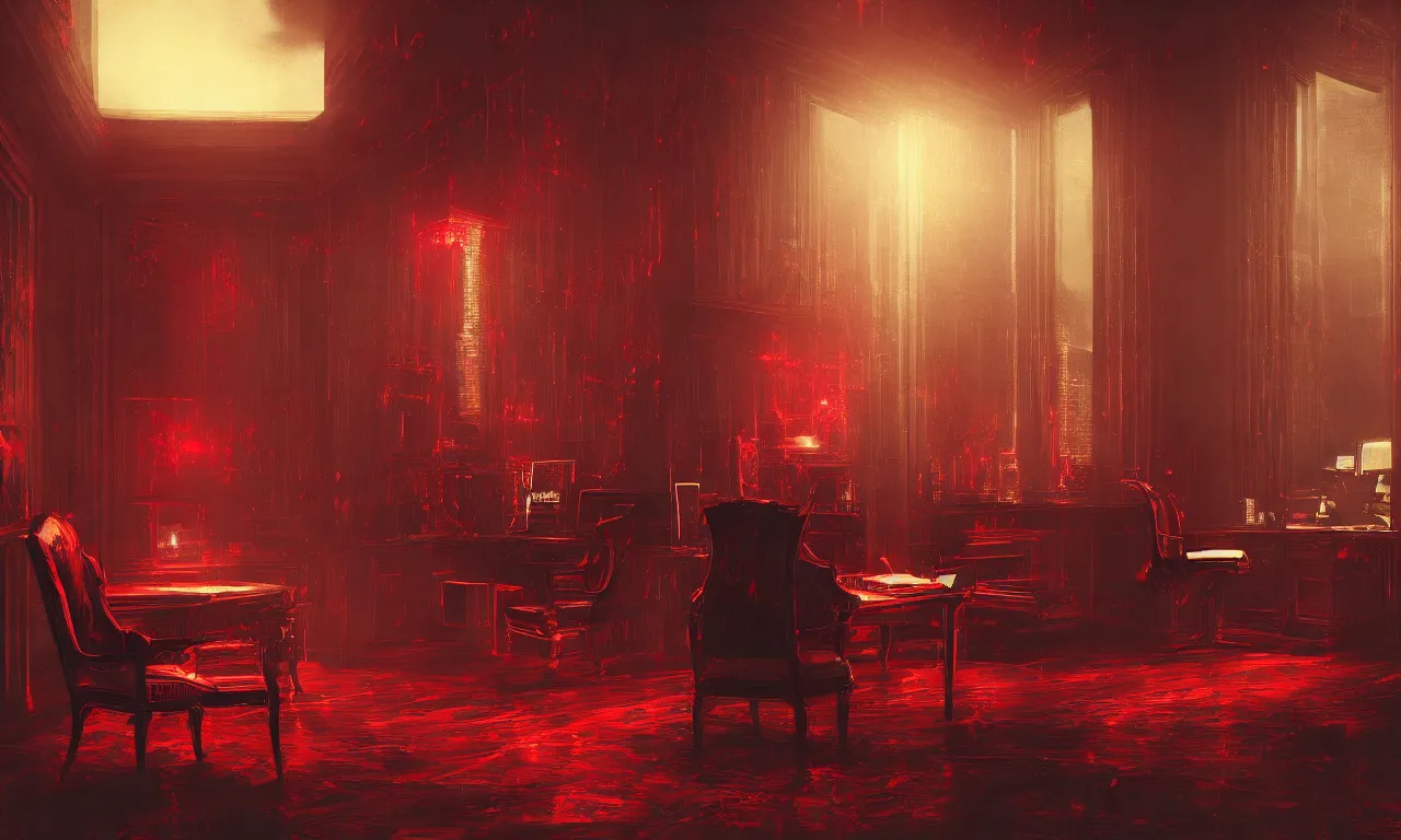 Image similar to demonic executive office with high back chair with onyx finishes, by asher brown durand, trending on artstation, 8 k resolution, red lights, cyberpunk, demonic symbols