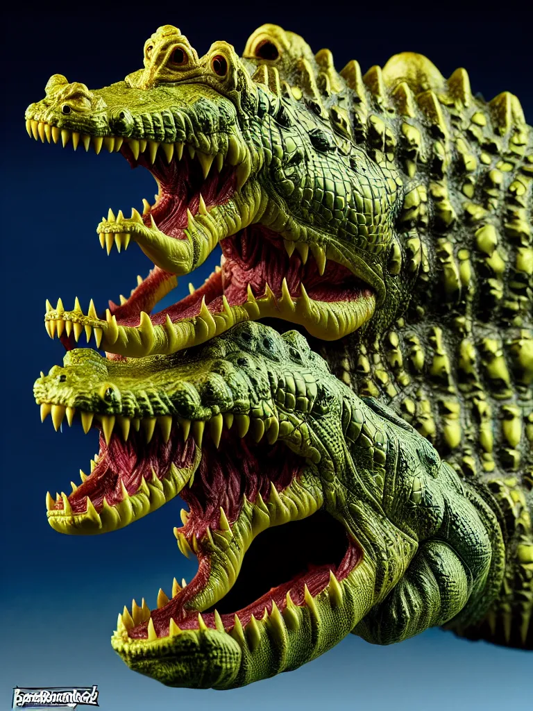 Image similar to hyperrealistic rendering, fat smooth john carpenter flesh monster crocodile by bernie wrightson and killian eng and joe fenton, product photography, action figure, sofubi, studio lighting, colored gels, colored background