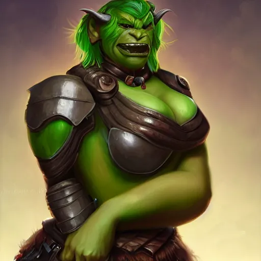 Image similar to a full bodied character portrait of a buff green orc warrior woman in full plate armor bald with a ponytail, by astri lohne, trending on artstation