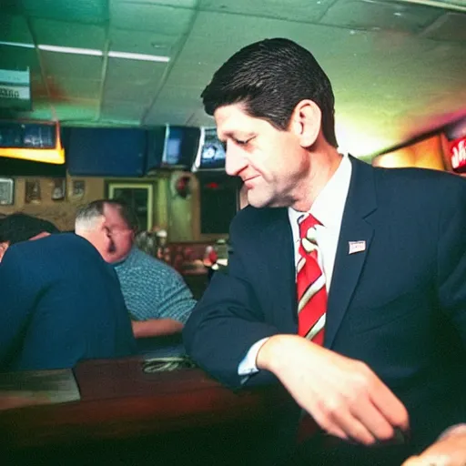 Image similar to Former House Speaker Paul Ryan alone at a dive bar. CineStill