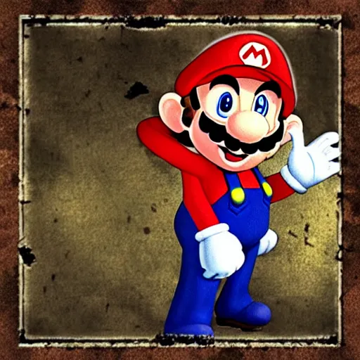 Prompt: Super Mario facing away, resident evil, dark fantasy, horror