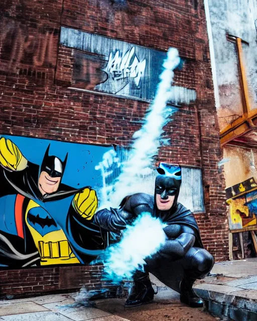 Image similar to happy batman firing supersoaker at happy criminals in an alleyway, product advertisement, photograph