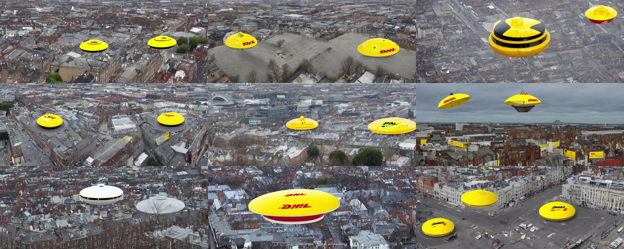 Prompt: single dhl flying saucer spotted in dublin