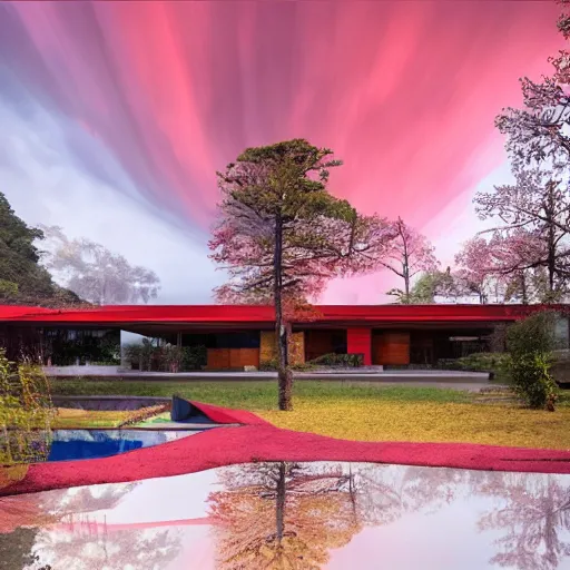 Image similar to modernist house inspired by a tibetan palace between big trees, red clouds, dramatic lighting, artstation, matte painting, raphael lacoste, simon stalenhag, frank lloyd wright, zaha hadid