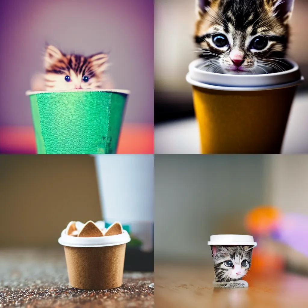 Prompt: A tiny kitten in a paper cup liner, macro photography, bokeh, vibrant, award-winning