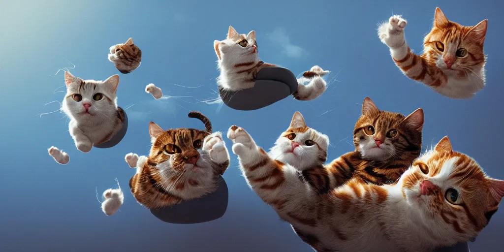 Prompt: Floating cats that look like Elton John over a blue ocean, Darek Zabrocki, Karlkka, Jayison Devadas, Phuoc Quan, trending on Artstation, 8K, ultra wide angle, pincushion lens effect.