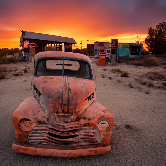 Image similar to a sunset light landscape with historical route 6 6, lots of sparkling details and sun ray ’ s, blinding backlight, smoke, volumetric lighting, colorful, octane, 3 5 mm, abandoned gas station, old rusty pickup - truck, beautiful epic colored reflections, very colorful heavenly, softlight