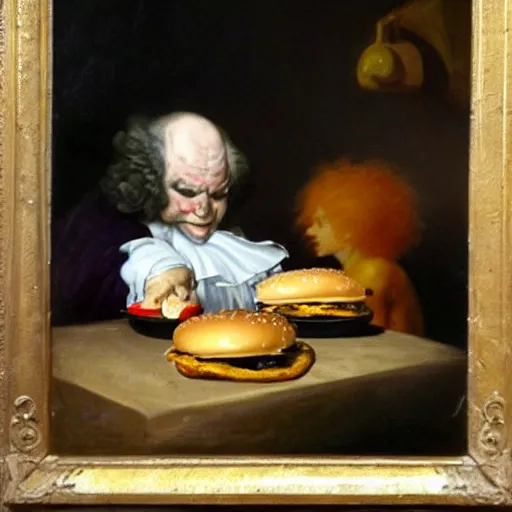 Image similar to ronald mcdonald eating a burger, art by francisco goya, gruesome, dark