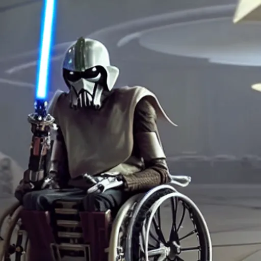 Image similar to General Grievous in a wheelchair with 4 lightsabers, photo from star wars the prequel,